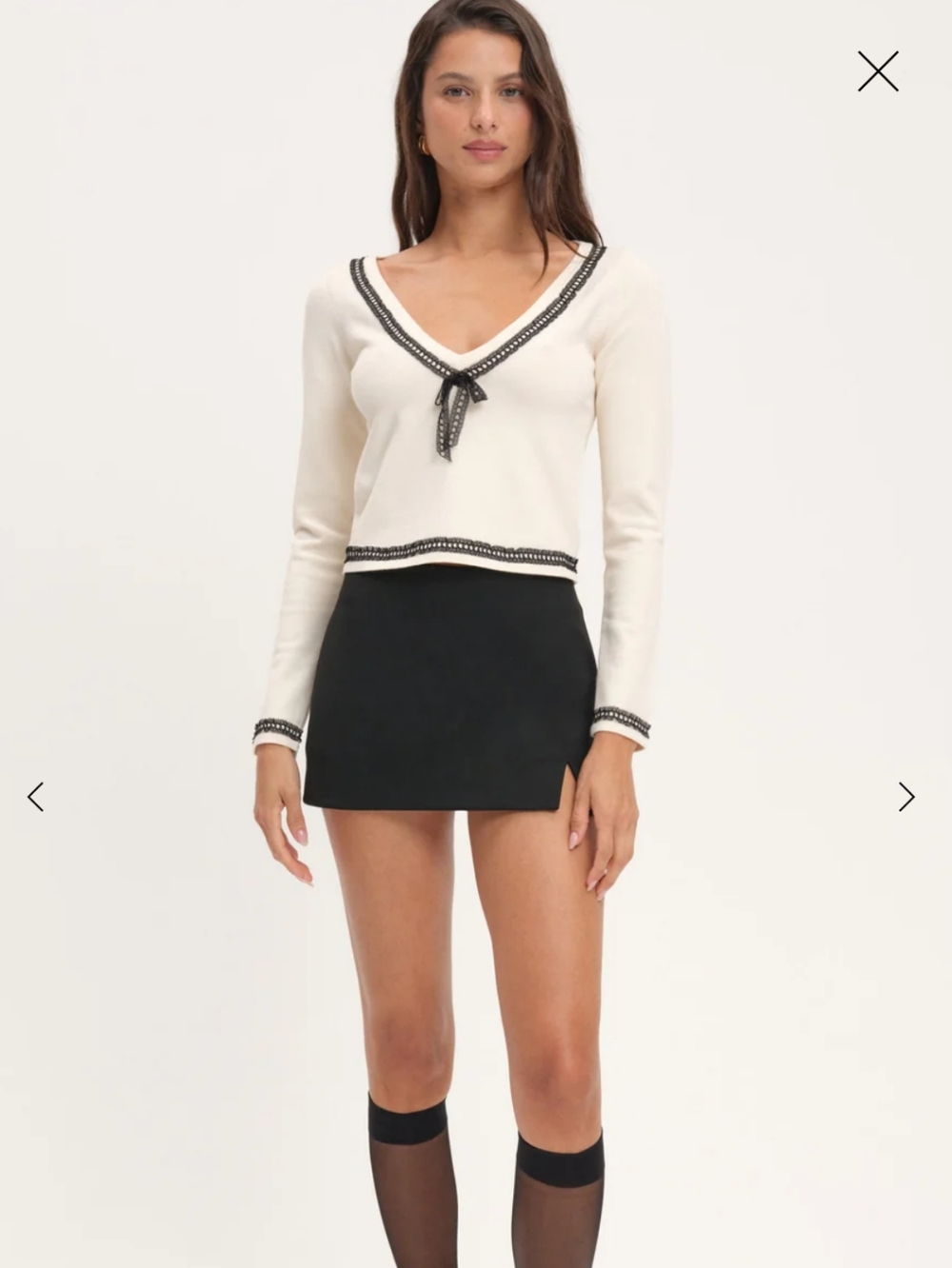 For Love And Lemons Cream Long-Sleeve With Black Trim Gretta Knit Top Sweater